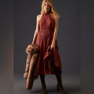 By Anthropologie Tiered Halter Dress midi size 4 small S pleated ruffled smocked